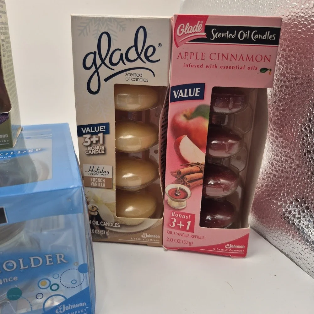 Glade Scented Oil Glass Holder & Lot Of 5 Oil Candle Refills